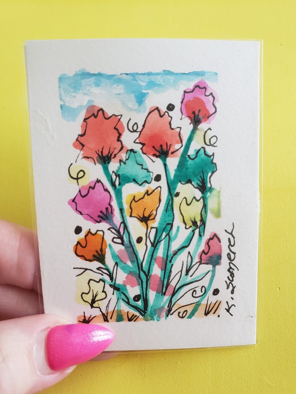 ACEO Watercolor Floral Art Card — Bright Multi-Color Bouquet